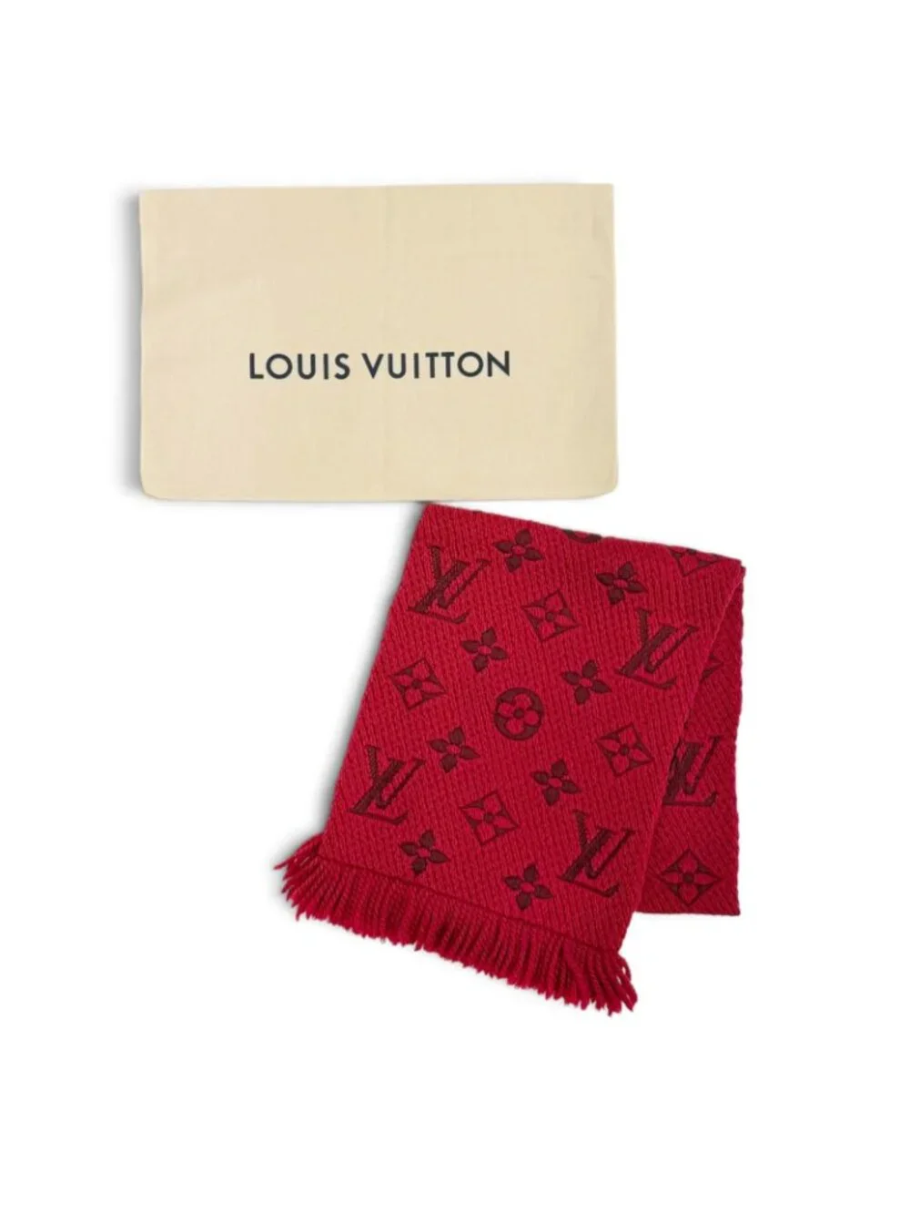 Louis Vuitton Echarpe Logo Mania Wool Silk Ruby Monogram Fringe Scarf
